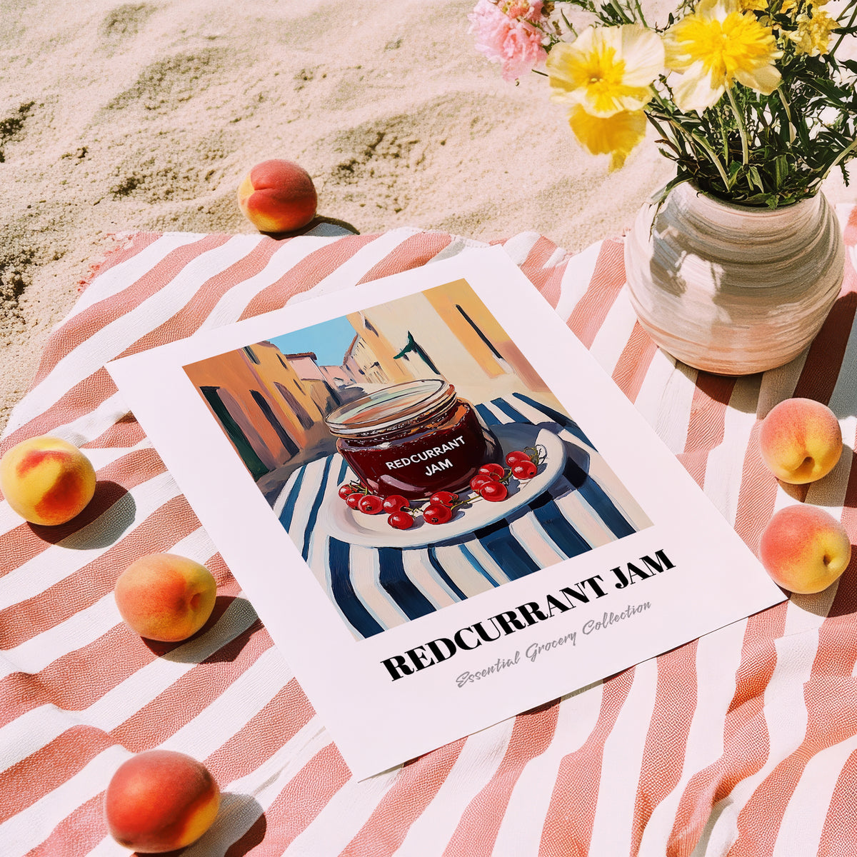 Redcurrant Jam – Italian Outdoor Café Scene, Jam Wall Art, unframed on coastal sand