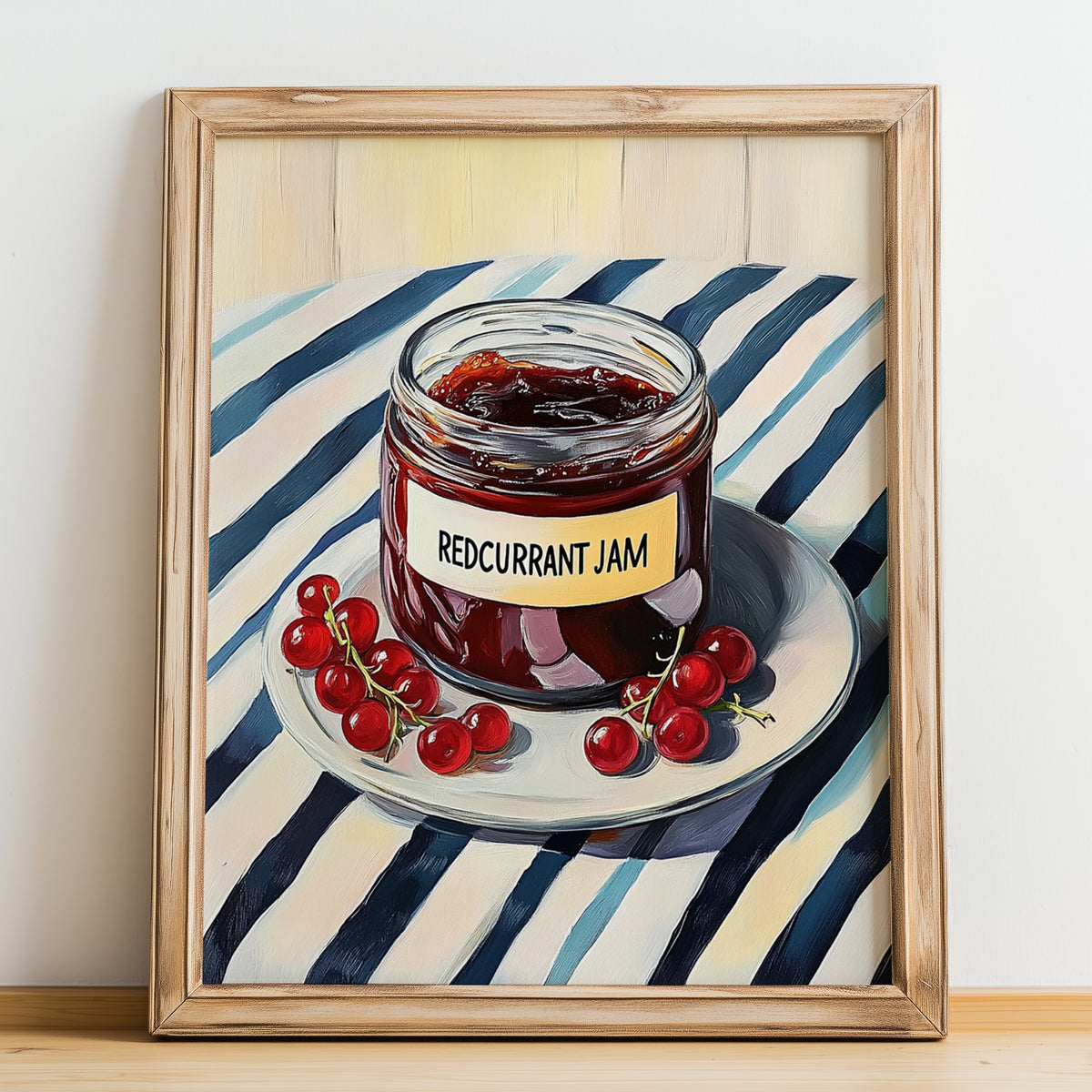 Redcurrant Jam – on Striped Tablecloth, Jam Wall Art, no-text version framed in wood
