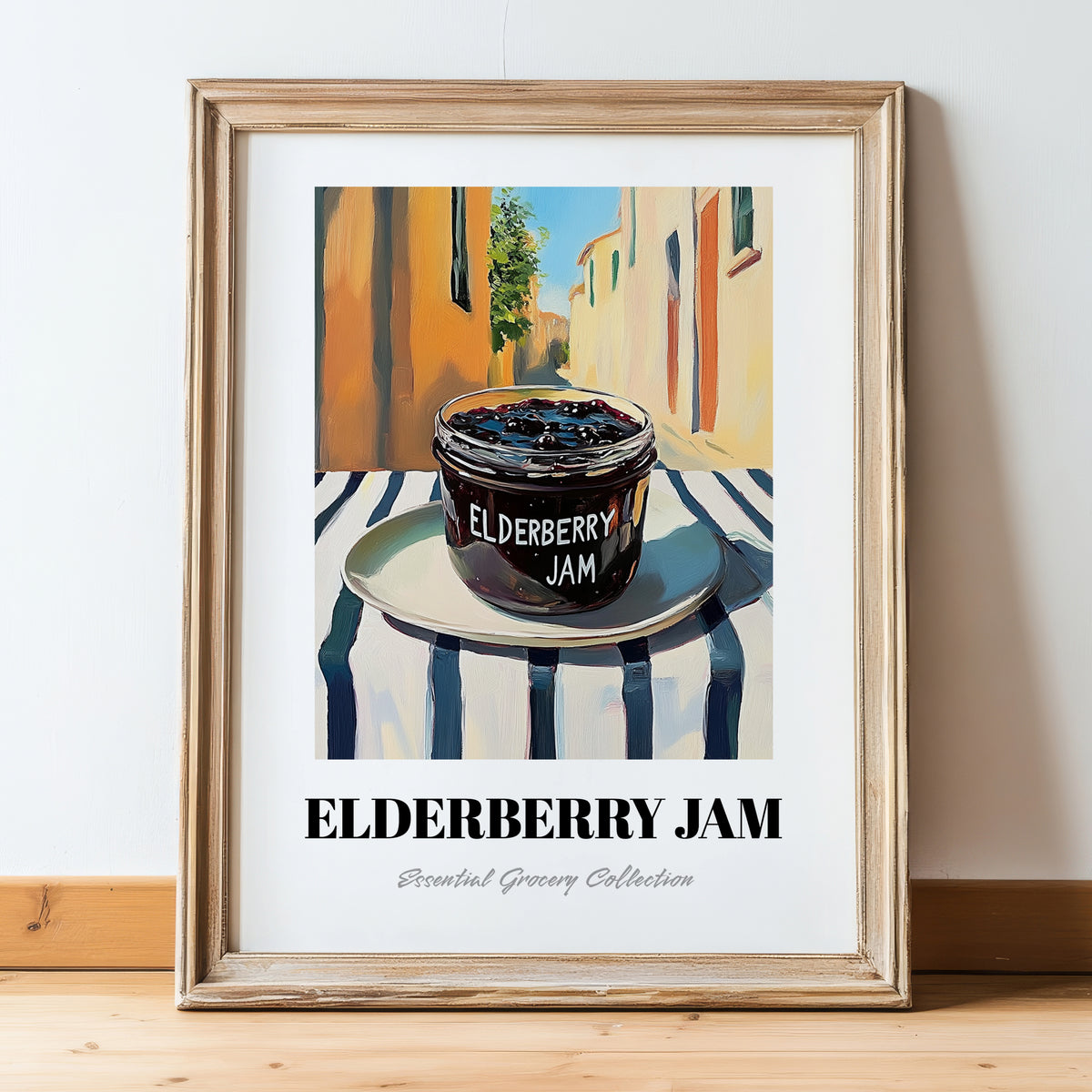 Elderberry Jam – Italian Outdoor Café Scene, Jam Painting, in wooden frame leaning on the floor