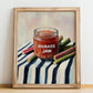 Rhubarb Jam – on Striped Tablecloth, Jam Wall Painting, no-text version framed in wood