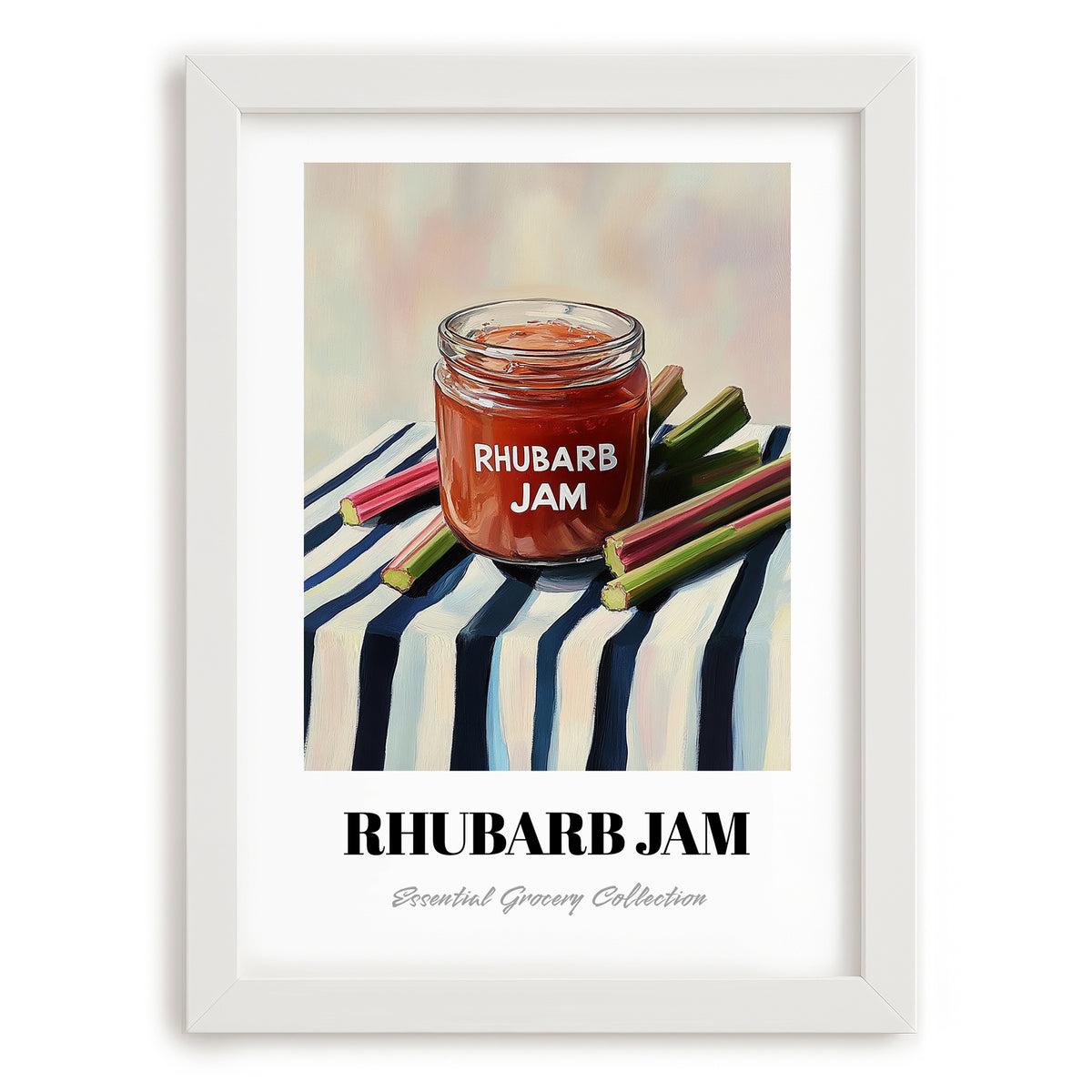 Rhubarb Jam – on Striped Tablecloth, Jam Wall Painting, placed in minimal white frame