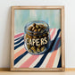 Capers – on Striped Tablecloth, Canned Vegetables Painting, no-text version framed in wood