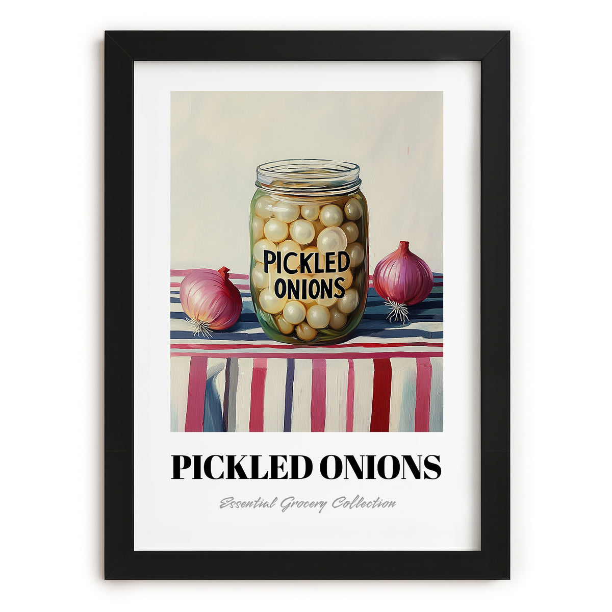 Pickled Onions – on Striped Tablecloth, Canned Vegetables Still Life, in sleek black frame