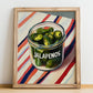 Jalapenos – on Striped Tablecloth, Bbq Painting, no-text version framed in wood