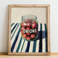 Onions – on Striped Tablecloth, Canned Vegetables Poster, no-text version framed in wood