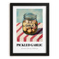 Pickled Garlic – on Striped Tablecloth, Canned Vegetables Still Life, in sleek black frame