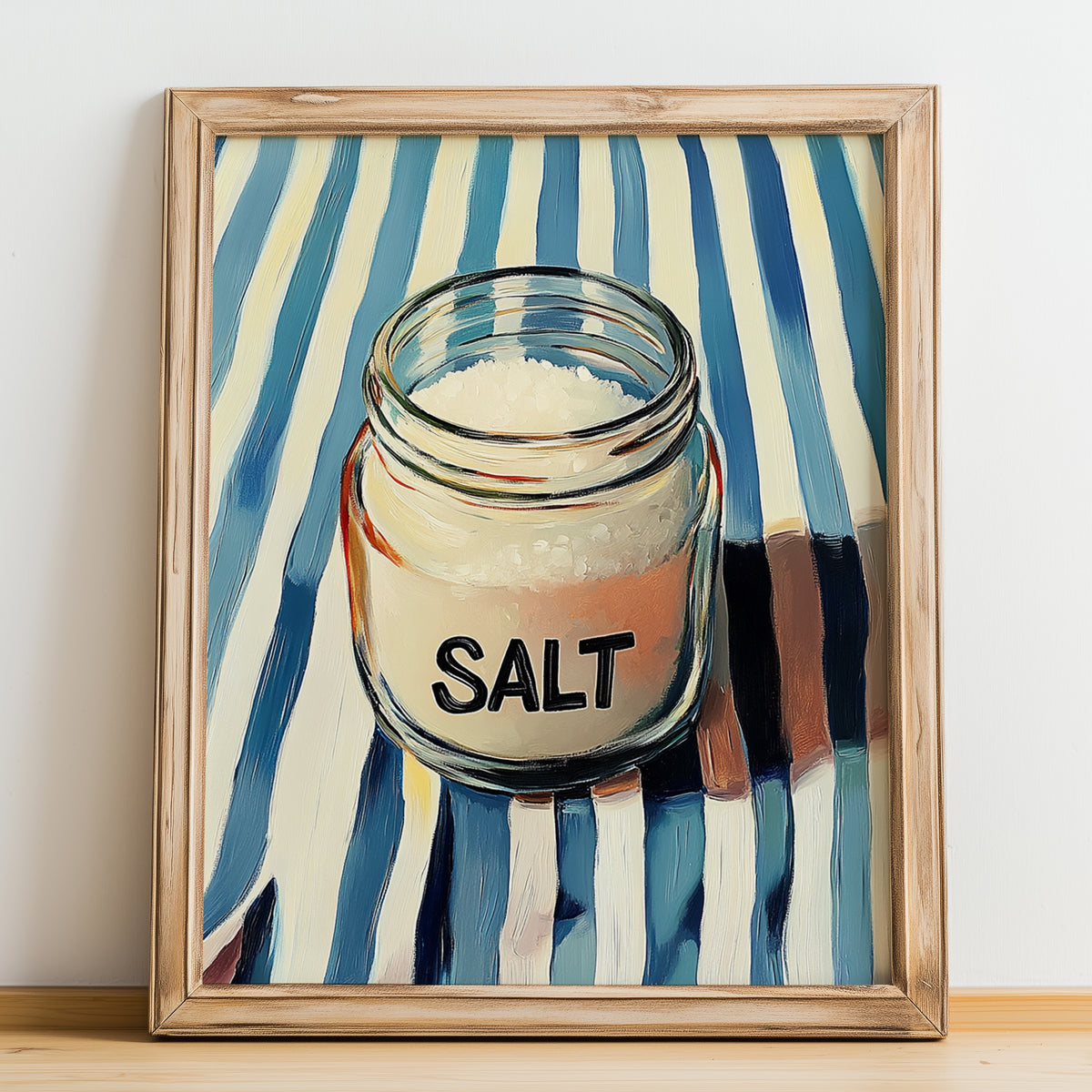 Salt – on Striped Tablecloth, Spices Art, no-text version framed in wood