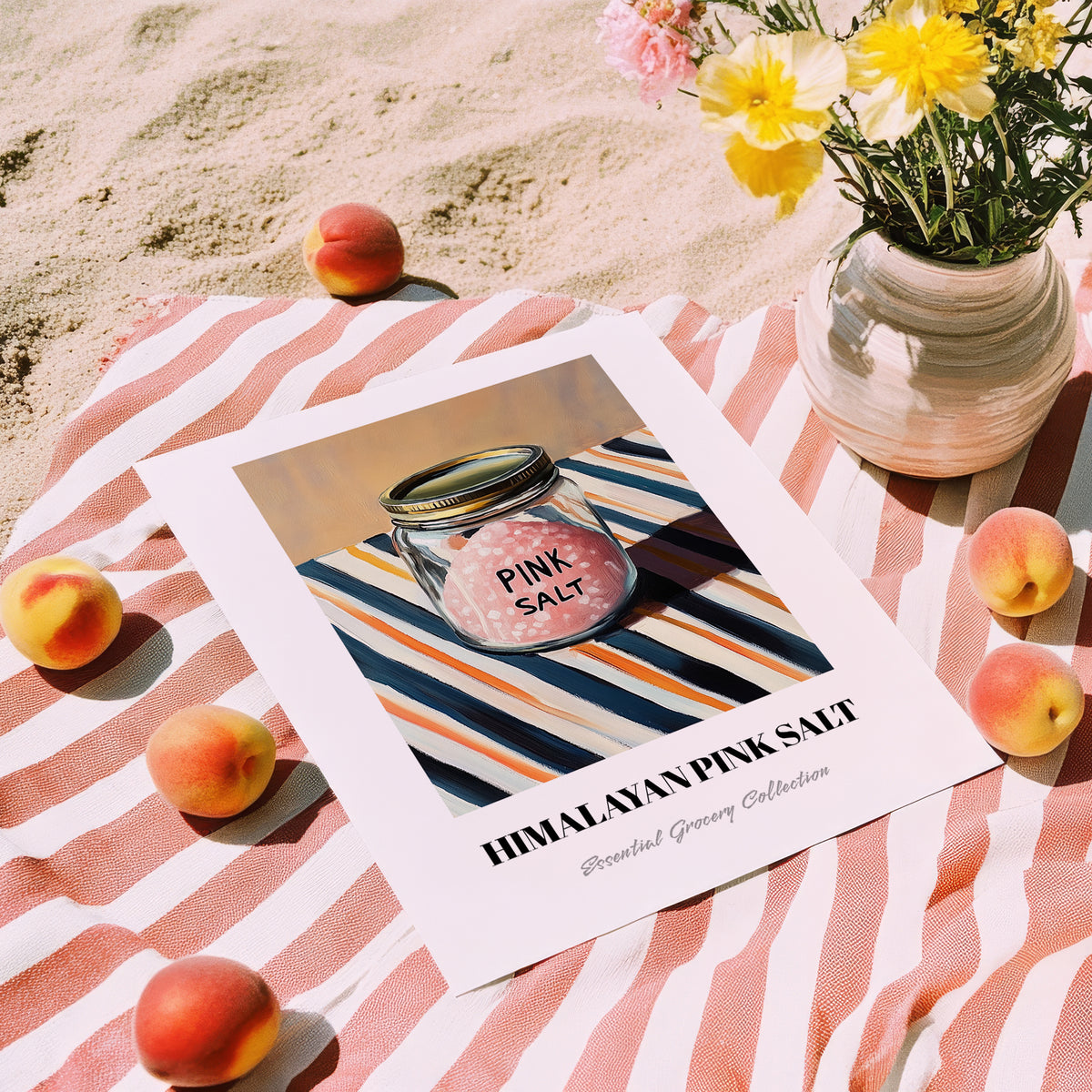 Himalayan Pink Salt – on Striped Tablecloth, Spices Poster, unframed on coastal sand