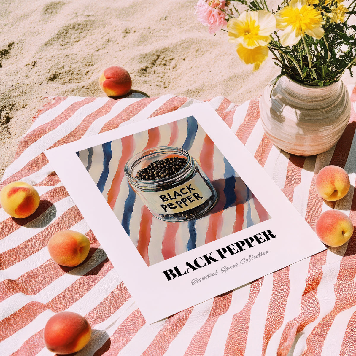 Black Pepper – on Striped Tablecloth, Spices Wall Decor, unframed on coastal sand