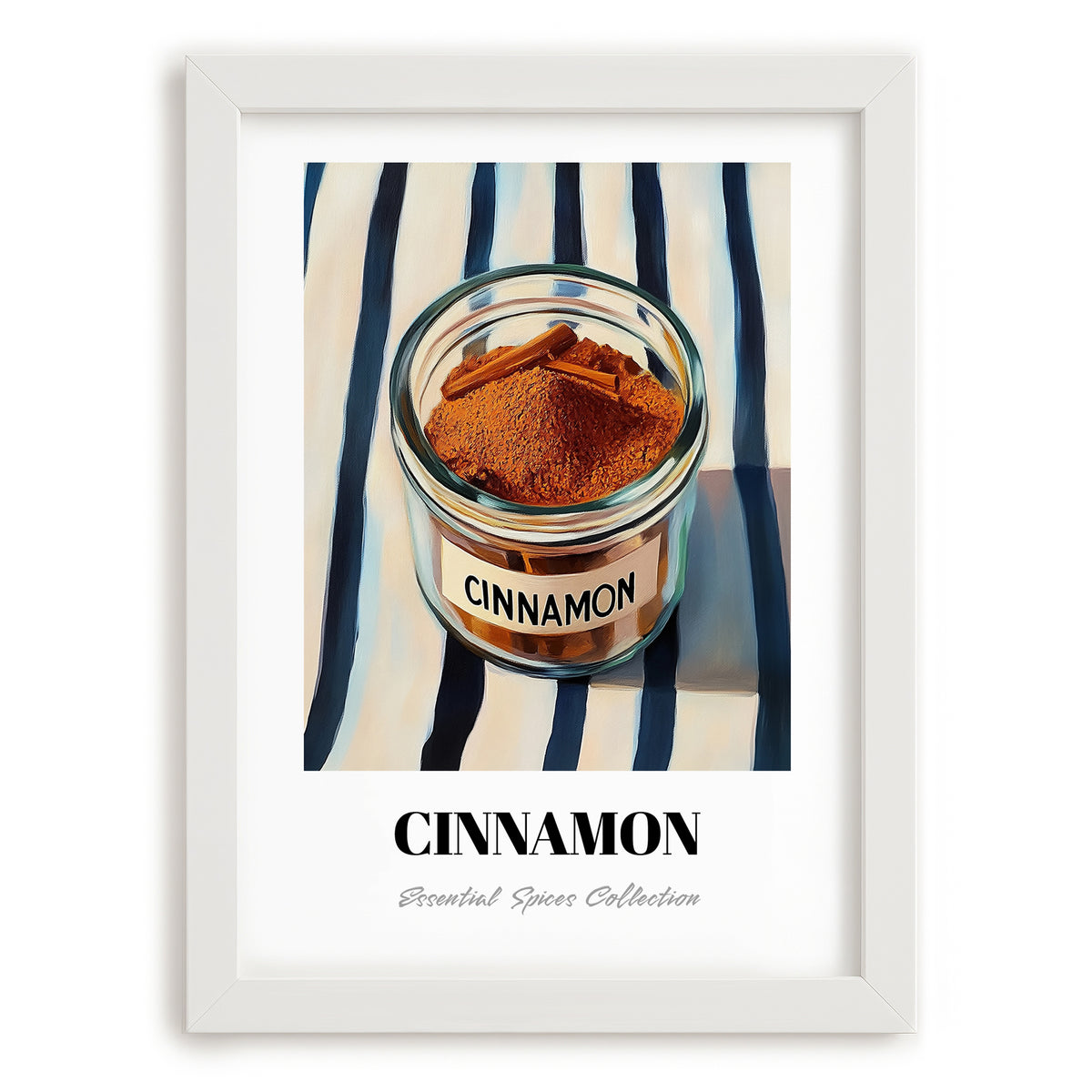Cinnamon – on Striped Tablecloth, Spices Still Life, placed in minimal white frame