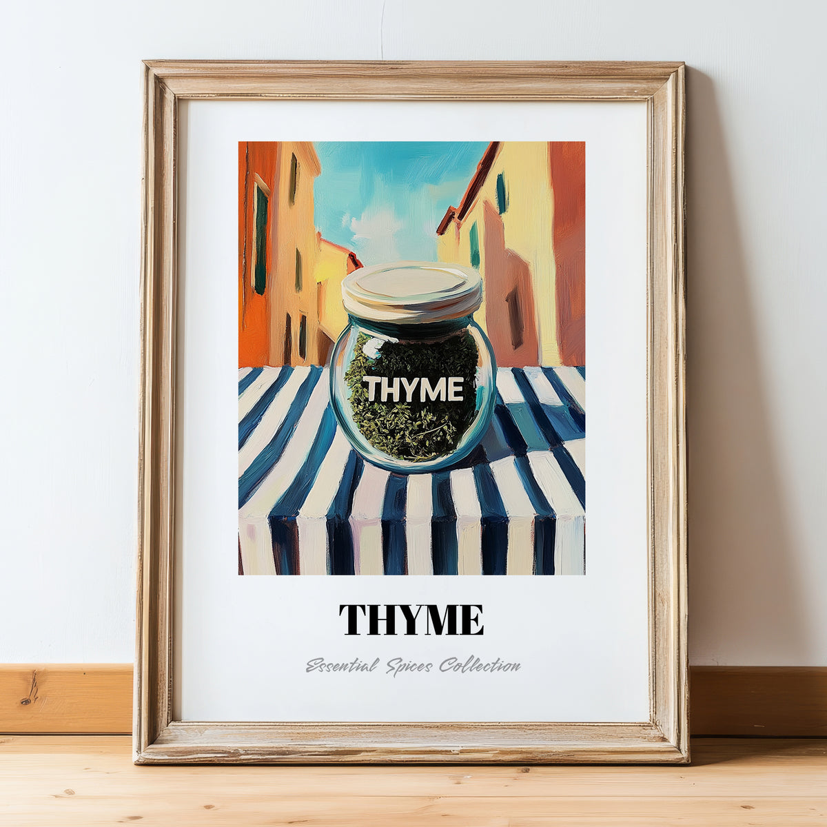 Thyme – Italian Urban Café Scene, Spices Poster, in wooden frame leaning on the floor