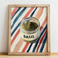 Basil – on Striped Tablecloth, Spices Wall Decor, no-text version framed in wood