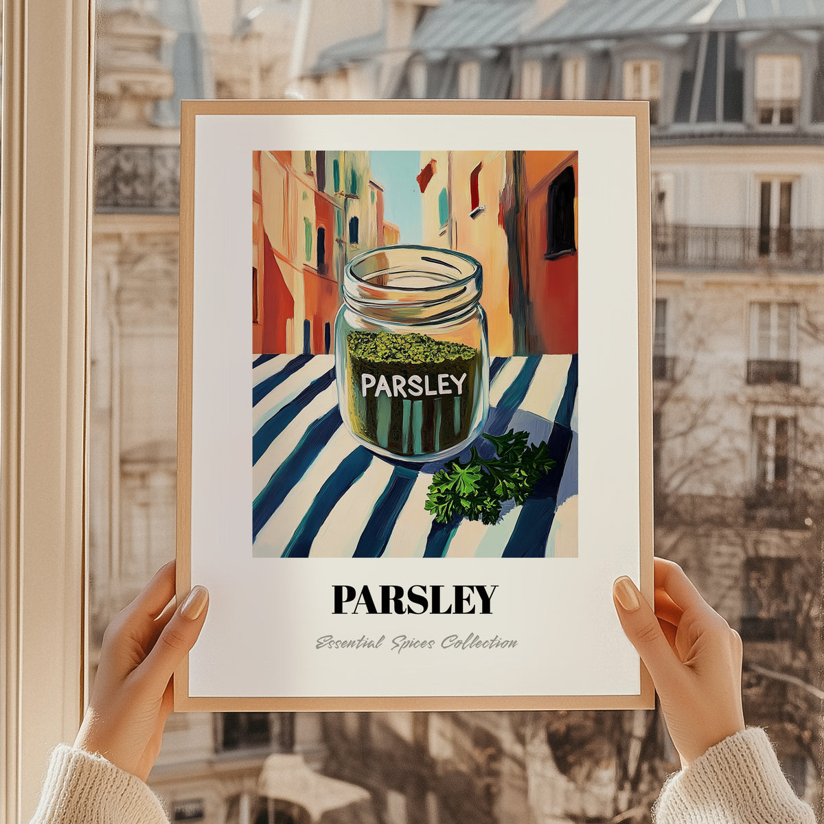 Parsley – Italian Street Café Scene, Spices Poster, styled in a charming Paris street view