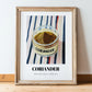 Coriander – on Striped Tablecloth, Spices Poster, in wooden frame leaning on the floor