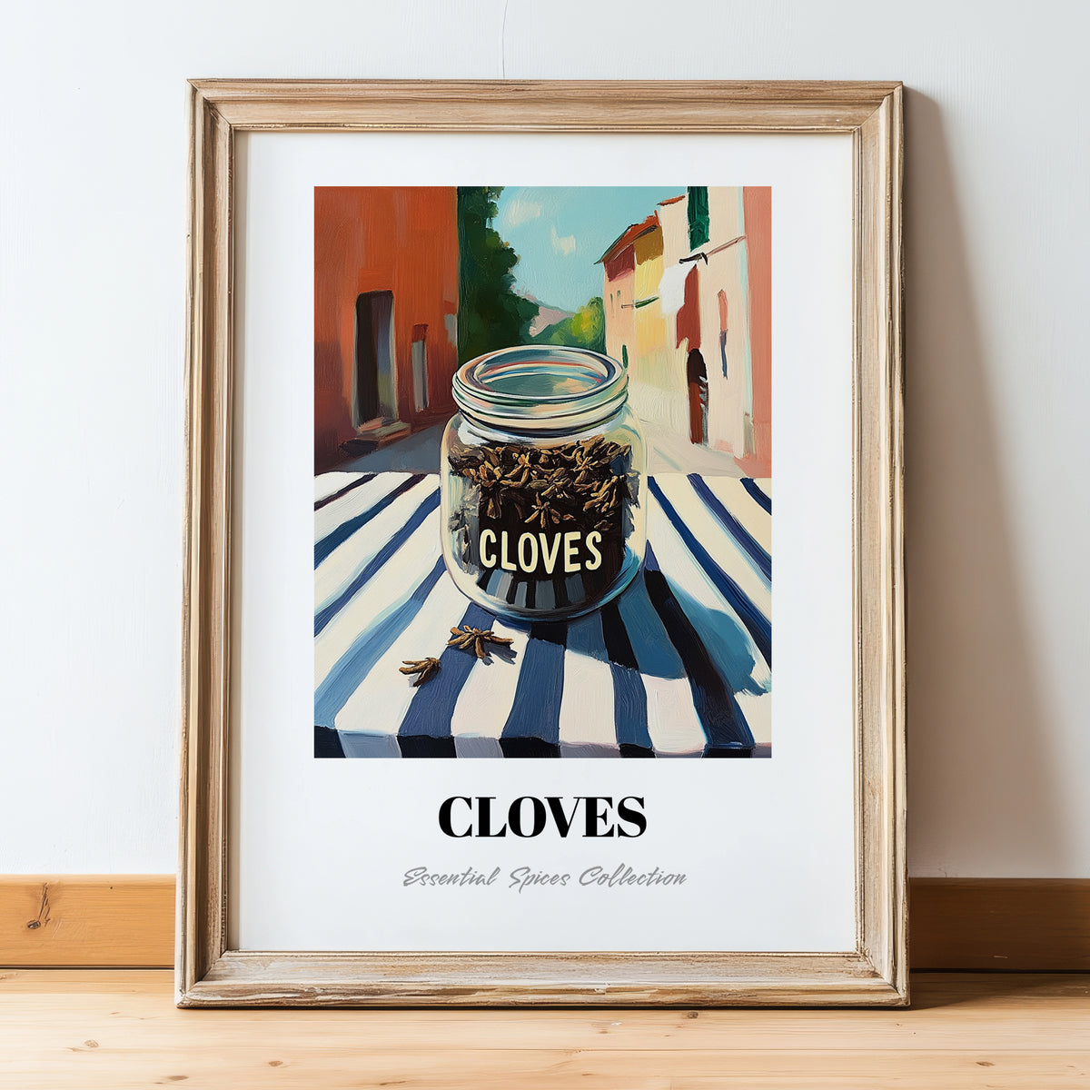 Cloves – Italian Urban Café Scene, Spices Wall Decor, in wooden frame leaning on the floor