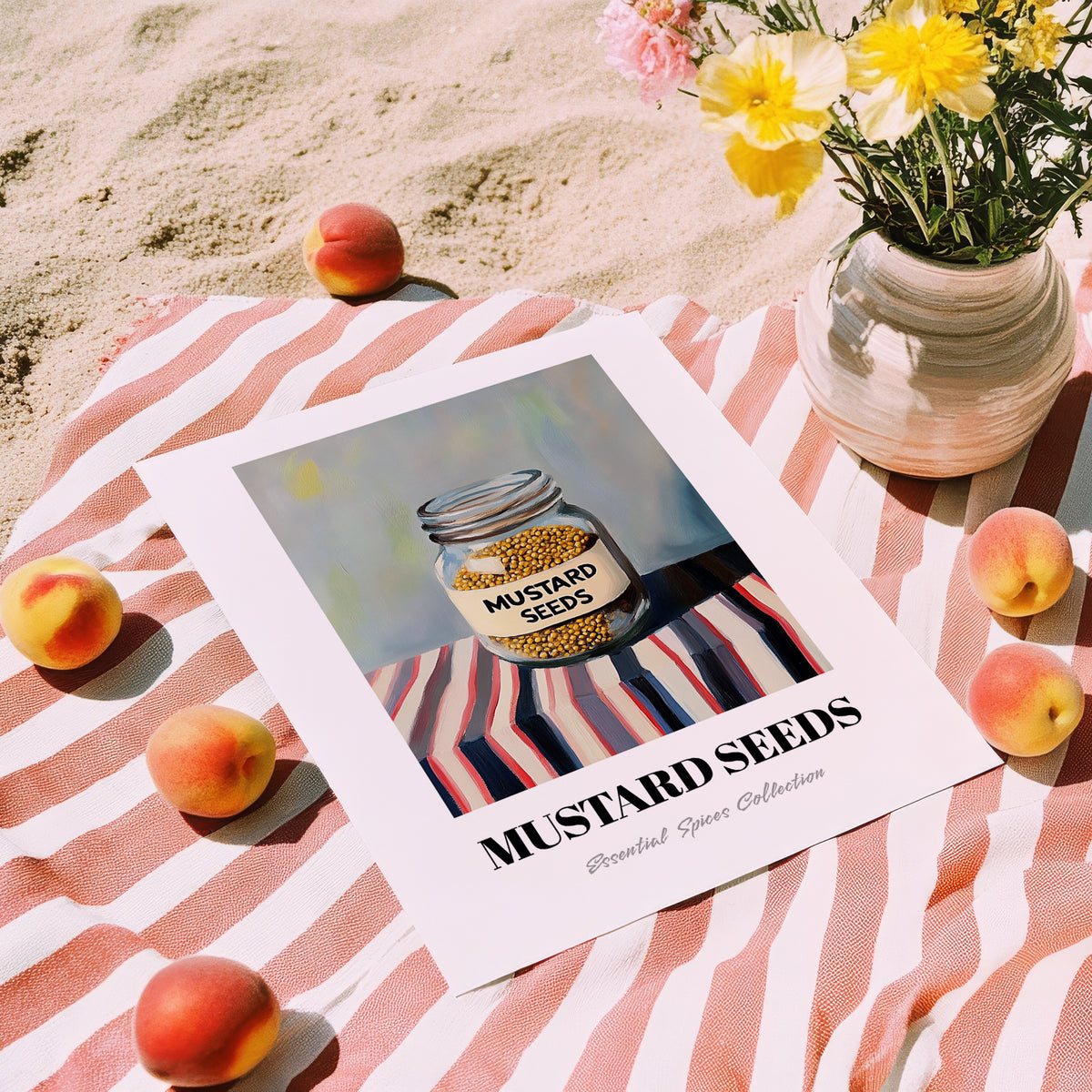 Mustard Seeds – on Striped Tablecloth, Spices Print, unframed on coastal sand
