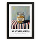 Mustard Seeds – on Striped Tablecloth, Spices Print, in sleek black frame