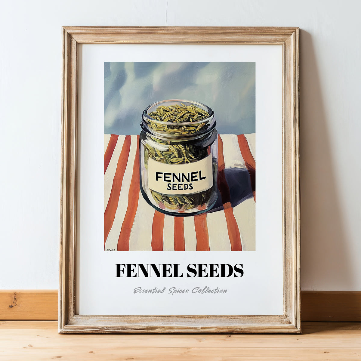 Fennel Seeds – on Striped Tablecloth, Spices Art, in wooden frame leaning on the floor