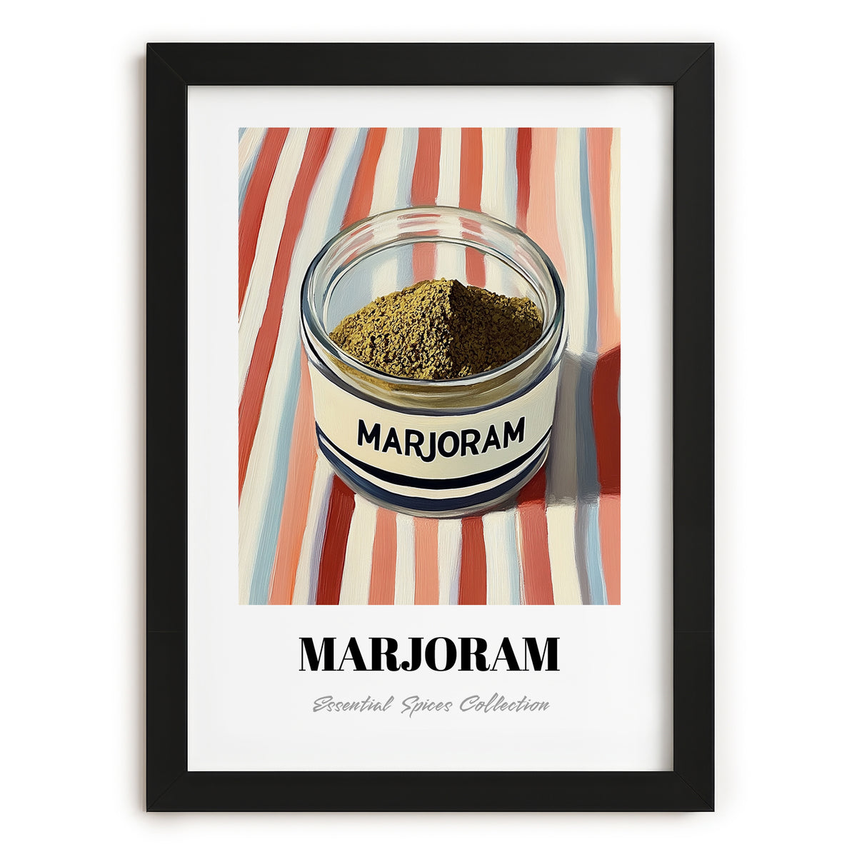 Marjoram – on Striped Tablecloth, Spices Wall Decor, in sleek black frame