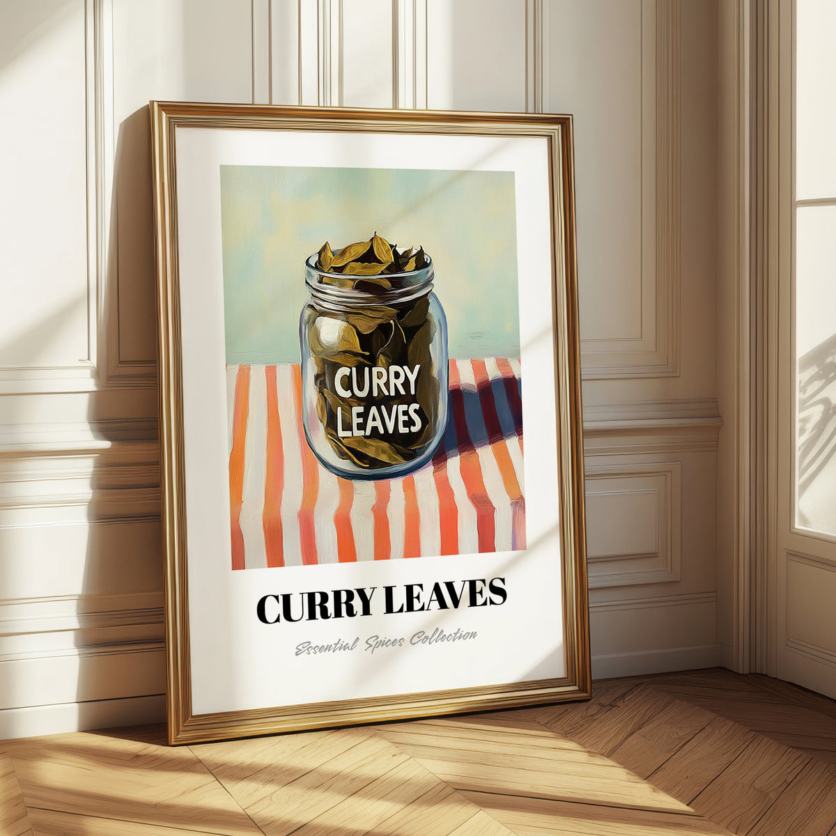 Curry Leaves – on Striped Tablecloth, Spices Wall Decor