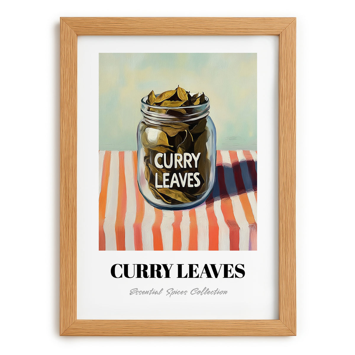 Curry Leaves – on Striped Tablecloth, Spices Wall Decor, set in oak frame