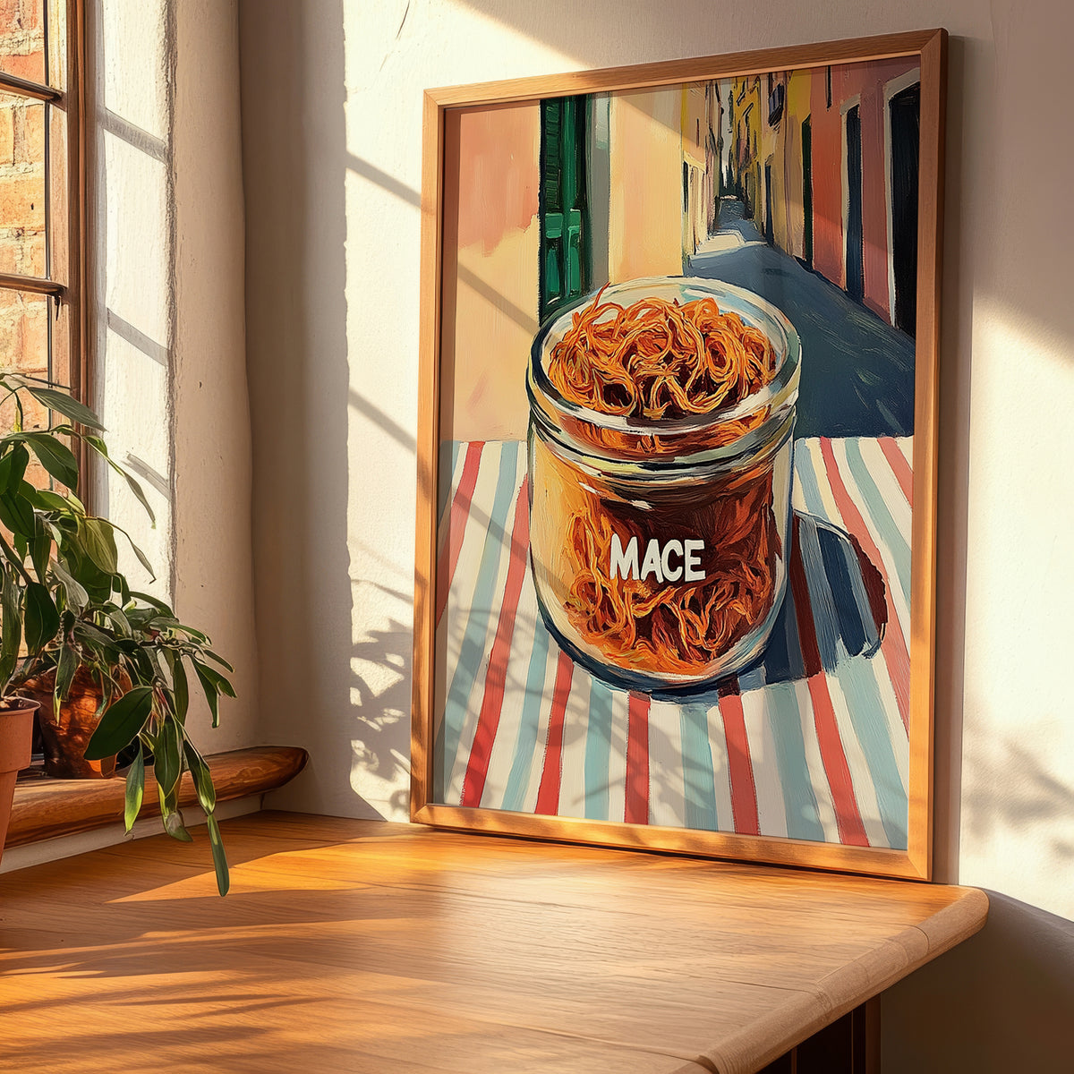 Mace – Italian Outdoor Café Scene, Spices Illustration, clean layout with no caption