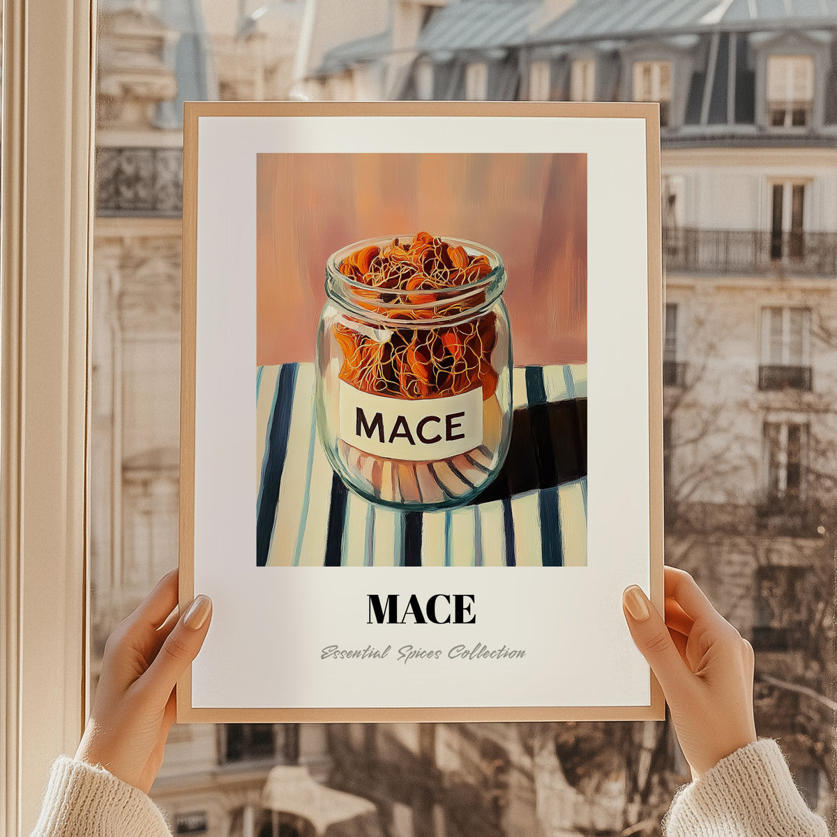 Mace – on Striped Tablecloth, Spices Print, styled in a charming Paris street view