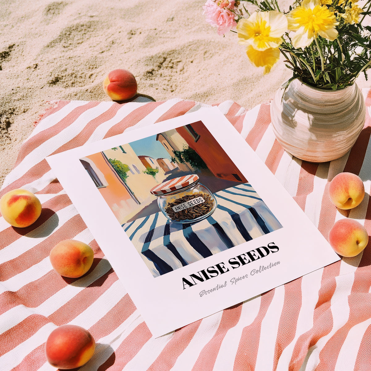 Anise Seeds – Italian Street Café Scene, Spices Print, unframed on coastal sand