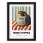 White Pepper – on Striped Tablecloth, Spices Art, in sleek black frame