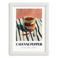 Cayenne Pepper – on Striped Tablecloth, Spices Still Life, placed in minimal white frame