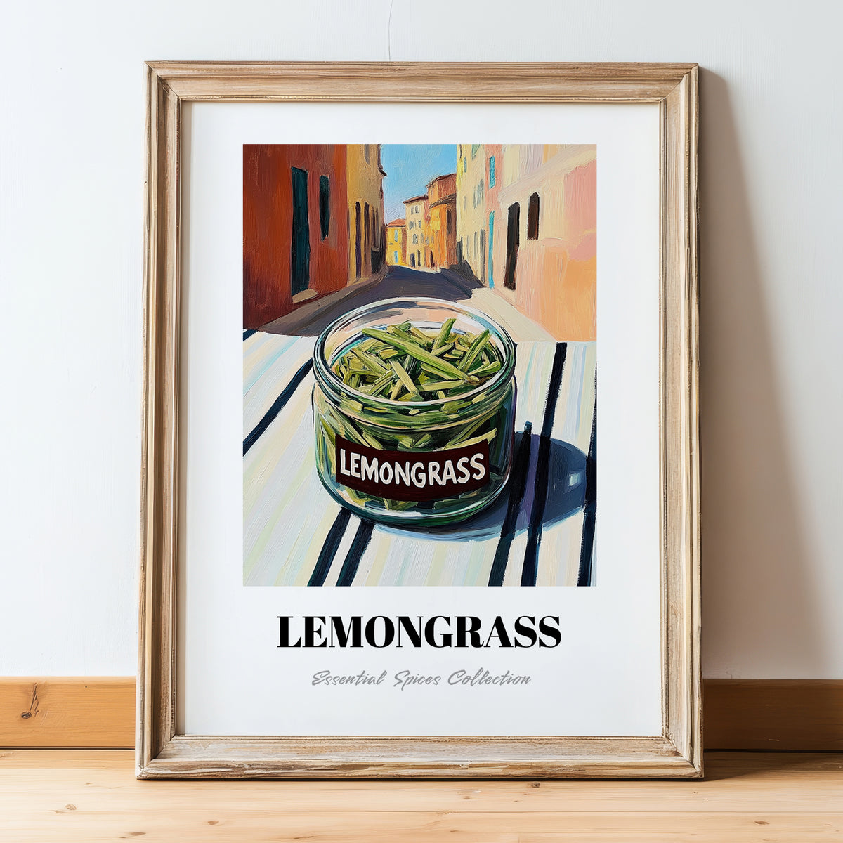 Lemongrass – Italian Street Café Scene, Spices Wall Illustration, in wooden frame leaning on the floor