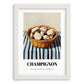 Champignon (Button Mushroom) – on Striped Tablecloth, Mushrooms Painting, placed in minimal white frame