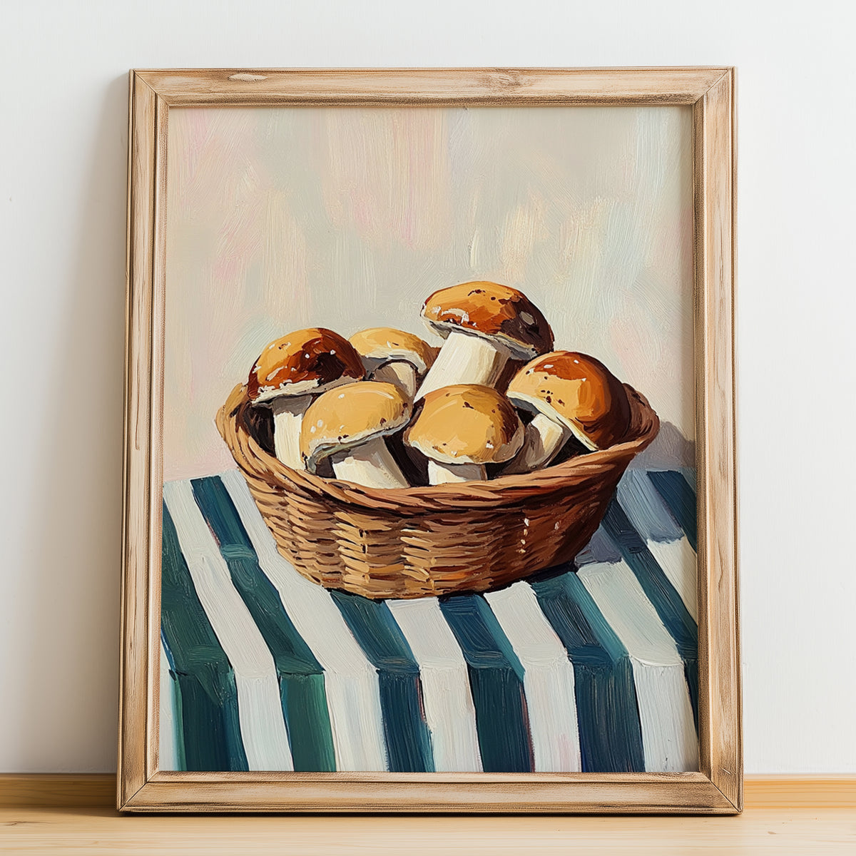 Boletus – on Striped Tablecloth, Mushrooms Painting, no-text version framed in wood