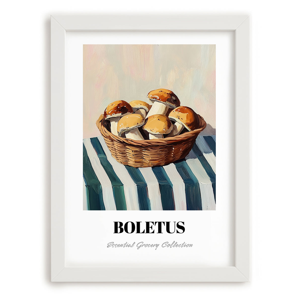 Boletus – on Striped Tablecloth, Mushrooms Painting, placed in minimal white frame