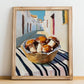 Porcini – White village Street Café Scene, Mushrooms Art, no-text version framed in wood