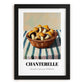 Chanterelle – on Striped Tablecloth, Mushrooms Still Life, in sleek black frame