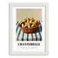 Chanterelle – on Striped Tablecloth, Mushrooms Still Life, placed in minimal white frame