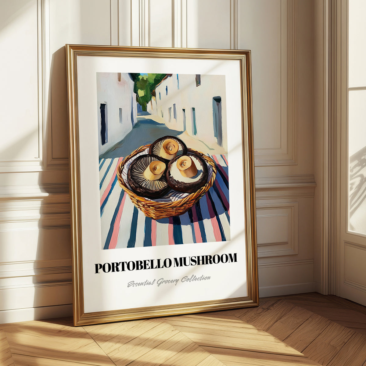Portobello Mushroom – White village Street Café Scene, Mushrooms Illustration