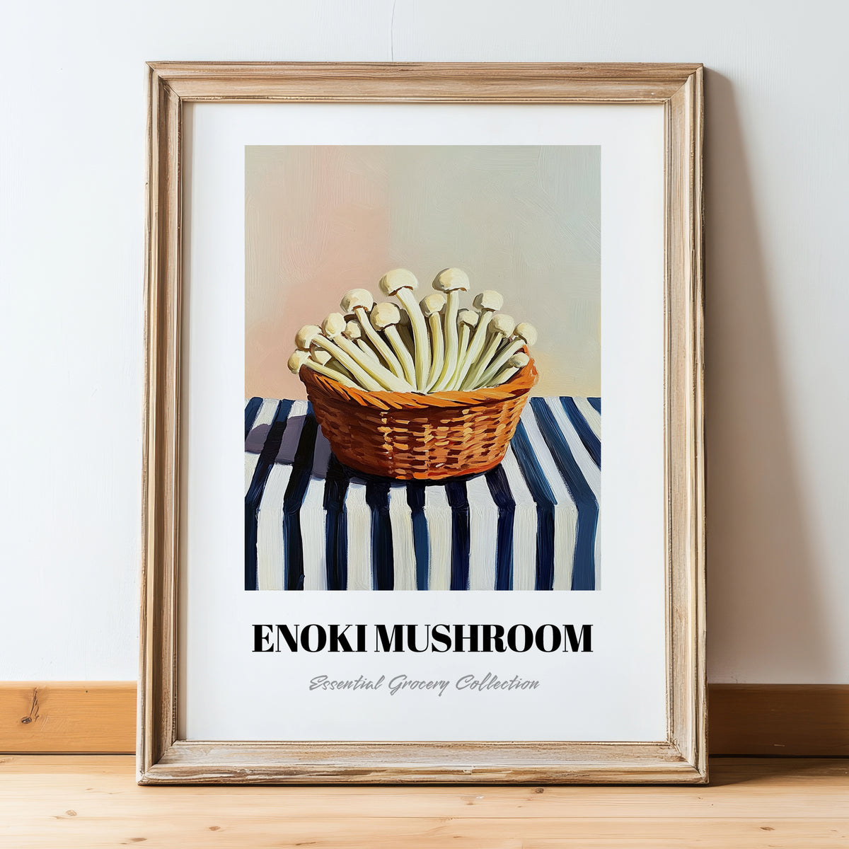 Enoki Mushroom – on Striped Tablecloth, Mushrooms Wall Print, in wooden frame leaning on the floor