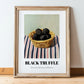 Black Truffle – on Striped Tablecloth, Mushrooms Still Life, in wooden frame leaning on the floor