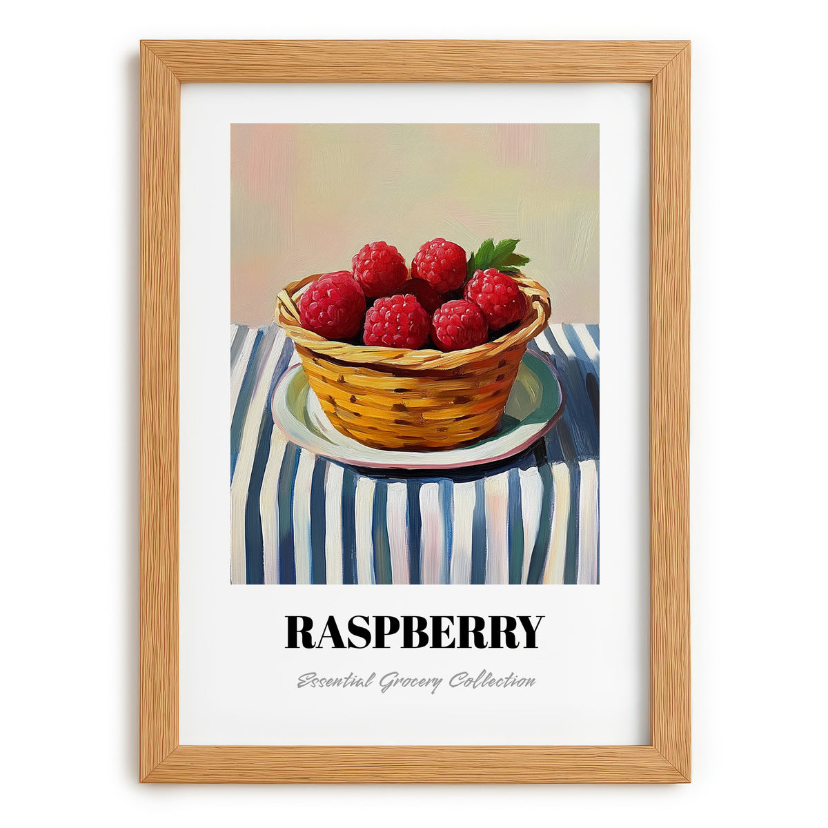 Raspberry – on Striped Tablecloth, Berries Poster, set in oak frame