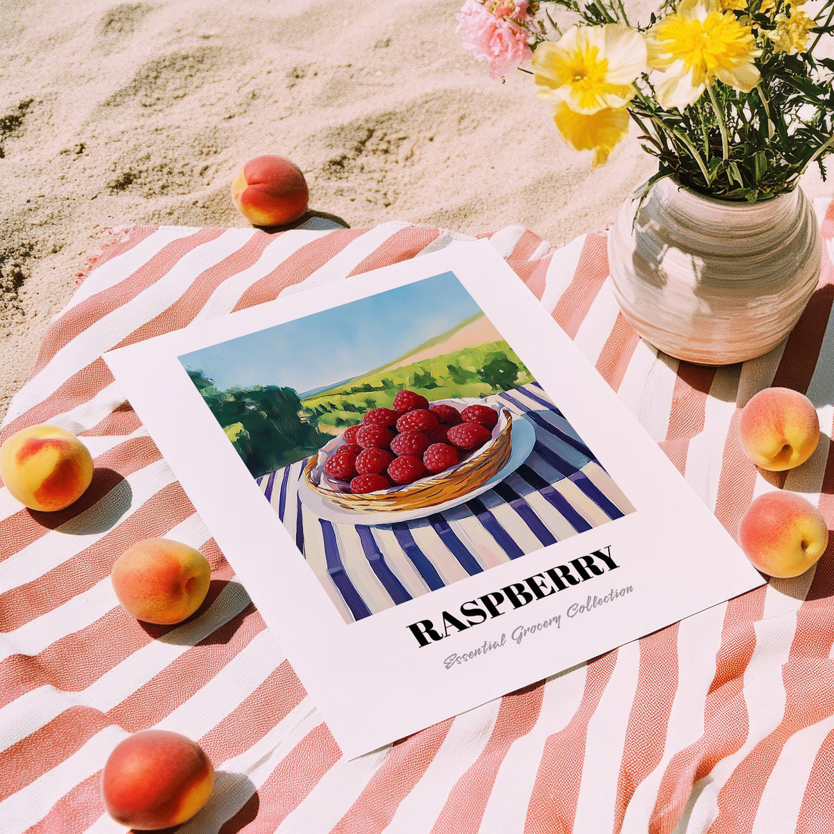 Raspberry – Valley Café Scene, Berries Wall Decor, unframed on coastal sand