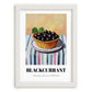Blackcurrant – on Striped Tablecloth, Berries Painting, placed in minimal white frame