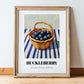 Huckleberry – on Striped Tablecloth, Berries Painting, in wooden frame leaning on the floor