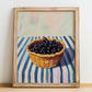 Elderberry – on Striped Tablecloth, Berries Illustration, no-text version framed in wood