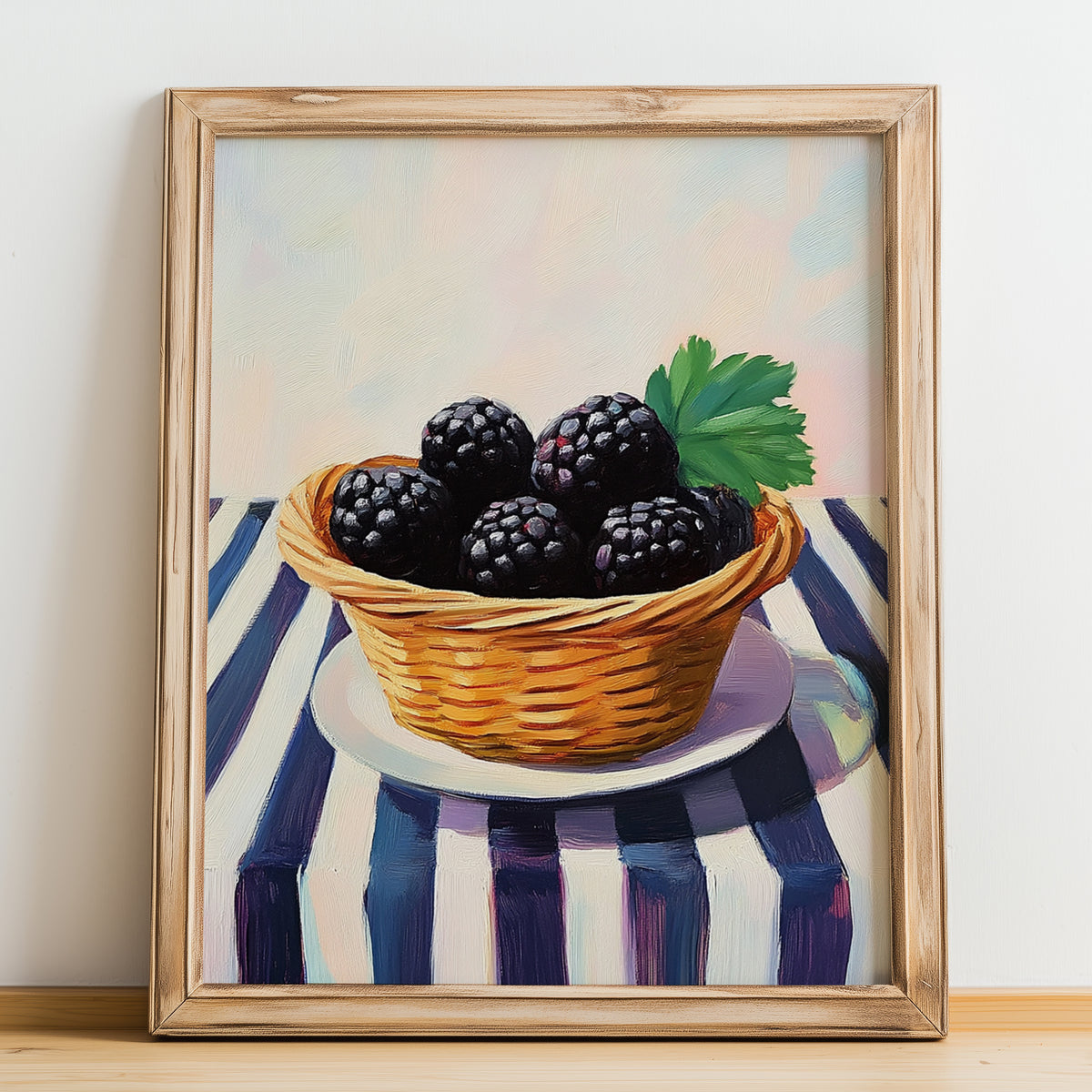 Boysenberry – on Striped Tablecloth, Berries Wall Decor, no-text version framed in wood