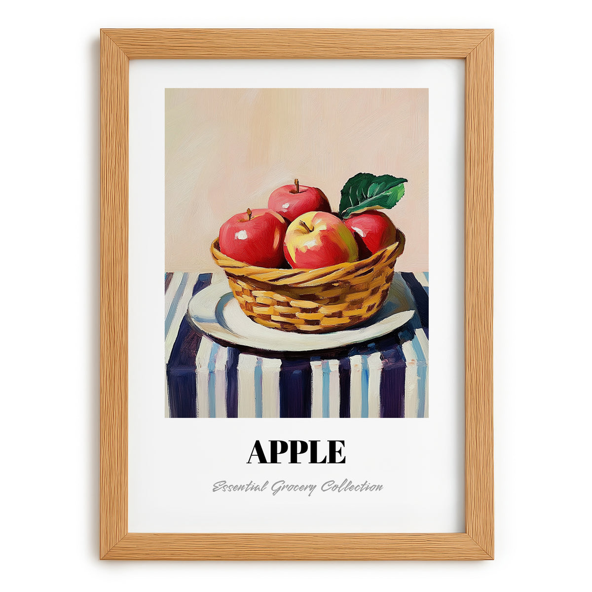 Apple – on Striped Tablecloth, Fruit Painting, set in oak frame