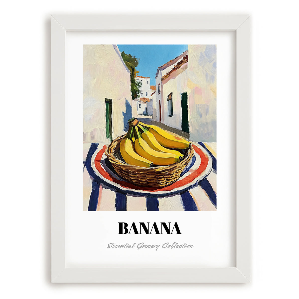 Banana – White village Outdoor Café Scene, Fruit Illustration, placed in minimal white frame