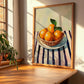 Orange – on Striped Tablecloth, Fruit Still Life, clean layout with no caption