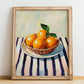 Orange – on Striped Tablecloth, Fruit Still Life, no-text version framed in wood